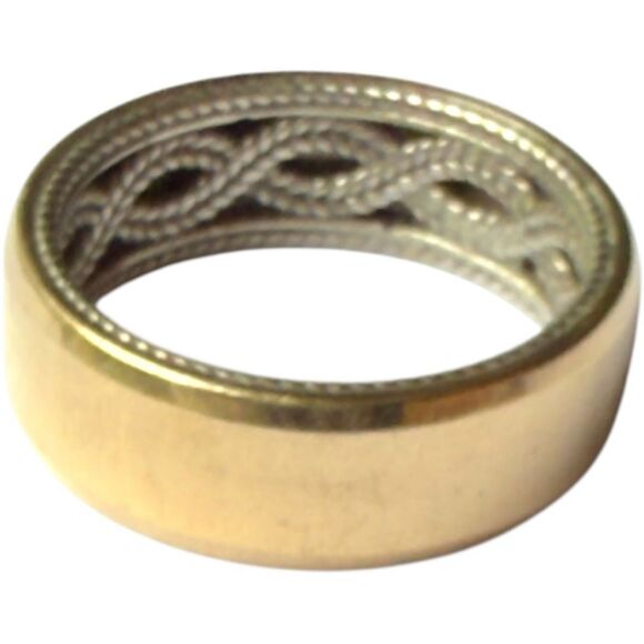 14K Solid White & Yellow Gold ArtCarved Designer Men’s Wedding Band Intricate Br - Picture 3 of 13